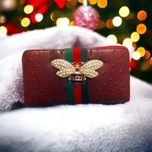 Bags | Burgundy Luxury Designer Ostrich Print Bee Wallet And  display picture 3
